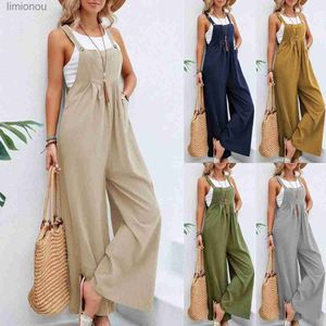 Damen Jumpsuits Strampler Vintage Baumwolle Leinen Overall Frauen 2023 Casual Solid Button Weites Bein Hosenträgerhose mit Taschen Sommer Lose Overalls RompersL240111