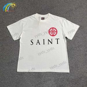Męskie koszulki 24ss klasyczny litera Cross Circle Print Saint Michael T-shirt Mężczyźni Kobiety 1 1 tagi duże białe koszulki TEE TOP T240112