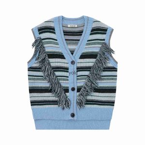 Men's Sweaters Baggy Tassels Striped Knitted V Harajuku Fashionable Casual Edge Patchwork Sleeveless Knitwears Top Oversize Sweaters Y2kyolq