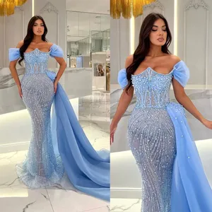 Abiti da sera a sirena con perle di lusso Abito da ballo con spalle scoperte Abito da cerimonia formale con strascico staccabile con paillettes per occasioni speciali