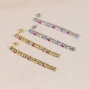 New Rainbow Colorful Round Zircon Long Tennis Chain Charm Dangle Stud Earrings Paved Zirconia Fashion Classic Elegant Hip Hop Women Lady Festival Gift Jewelry