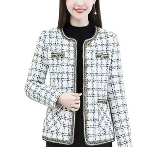 Fashion Middle-Aged Elderly Ladies Coat Tops Round Neck Single Breasted Spring Autumn Jacket Casual Women's Plaid Outerwear 240111