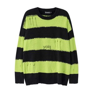 Men's Hoodies Sweatshirts Harajuku Striped Colorblo Sweaters Hip Hop Droyed Ripped Knitwears Men Hole Knitted Jumpers for Women Baggy Pulloversyolq