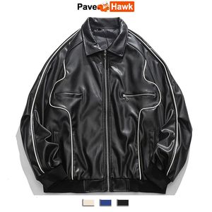 Casual skórzana kurtka Mężczyźni Spring Motorcycle High Street Baseball Bomber Jacki Unisex Loose Korea Style Varsity Coat Para 240112