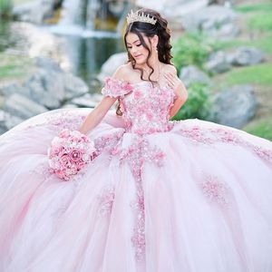 Elegancka różowa sukienka Quinceanera 2024 3D Flower Frezing Księżniczka Suknie balowe Vestido de 15 Custom Made Birthday Party Suknia