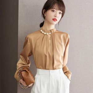 Blusas femininas gola alta manga longa miçangas cetim blusa feminina topos primavera outono senhora do escritório elegante chique magro bussiness camisa casual