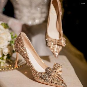 Klänningsskor Storlek 32-43 Pointed Stiletto Shallow High Heels Women Gold Sequin Wedding Bride Rhinestone Bow Pumps