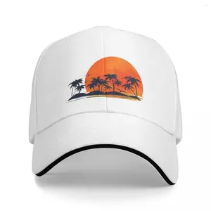 ヤシの木との島の夕日 - 赤いスタイルのトロピカルエディション野球キャップスナップバックハット通気性カジュアルユニセックス