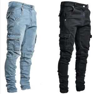 Jeans homens calças lavar cor sólida multi bolsos denim meados de cintura carga plus size fahsion calças casuais masculino desgaste diário 240112