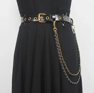 Cintos femininos pista moda preto genuíno couro corrente cummerbunds vestido feminino espartilhos cintura decoração cinto largo r269