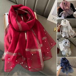 Scarves Muslim Luxury Silk Scarf For Women Shawls With Beads Long Female Foluard Stoles Bandana Head Wraps Headscarf