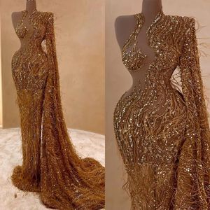 Sparkly Feather Mermaid Evening Dresses One Shoulder Prom Dress Sequined See Through Plus Size Custom Made Special Occasion Dresses