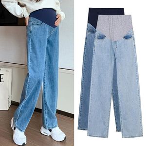 8953# Autumn Fashion Denim Maternity Straight Long Jeans Wide Leg Loose belly Pants Clothes for Pregnant Women Pregnancy Casual 240111