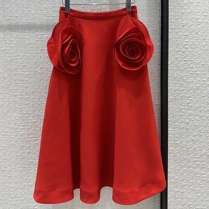 Skirts Women' Classic Three-dimensional Big Flower Pocket Midi French Elegant 3 Color Swing Umbrella Skirt Early Spring 24