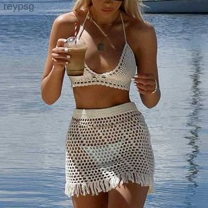 Women's Swimwear Summer Crochet Bikini Beach Outfits Two Piece Set Sexy Women Hollow Out White Cover-ups Halter Bra Tops+Tassels Mini Skirts YQ240112