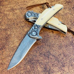 S7219 Flipper Folding Knife Damascus Steel Straight Point Blade Bone with Steel Head Handle Ball Bearing Fast Open Folder Knives with Leather Sheath MY