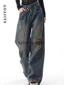 Women's Jeans Pants Capris Aoaiiys Women High Waisted Hole Korean Basic Tassel Wide Leg Y2K with Belt Denim Casual Chic Designer Clothing