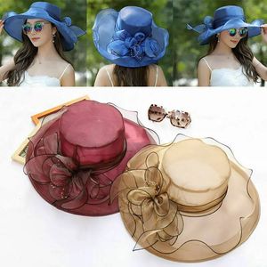 Elegant Big Brim Fedora Hat Organza Sun Hats Flower Lace Wide Lady Wedding Party Church Cap 240111