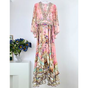 1.12 Vestido longo com babados em cascata para férias, estampa floral, strass, decote em V, manga lanterna, vestido elegante de temperamento