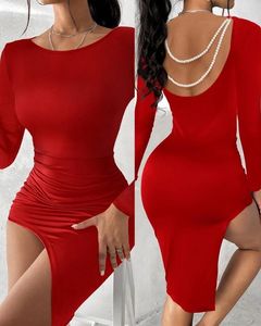 Casual Dresses Slim Fit Sexy Pearl Strap Without Back Long Sleeped Asymmetrical Tight and Beautiful Girl Dress In Stock