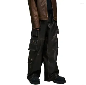 Men's Pants High Street Hip Hop Fashion Do Old Wipe Color Wash Water Retro Brown Stereo Straight Men Leather Women