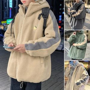 Män vinter sherpa jacka kontrast färg lapptäcke fuzzy kappa huva tjock varm lös fleece streetwear harajuku parkas 240112