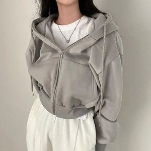 Kadın Hoodies Sonbahar Retro Düz Renk Zip Up Büyük Boyu Sweatshirts Harajuku Kore sürümü Uzun Kollu Kapşonlu Ceketler Ceket 240112