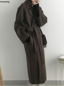 Kadınlar kış retro çentikli yaka ceket zarif bel bantlı uzun yün kaplama kadınlar moda hırka 2023 240112 için yeni kıyafetler