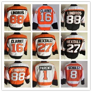 Männer Eric Lindros Vintage Hockey-Trikots 16 Bobby Clarke 27 Ron Hextall 1 Bernie Parent 8 Dave Schultz genähte Retro-Uniformen Schwarz Orange W