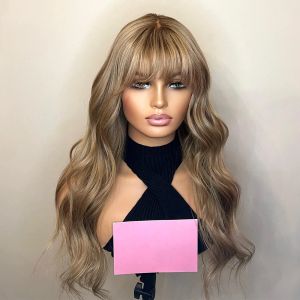 200% Density Brazilian Human Hair Bangs Wig Loose Wave Full Lace Highlight Wig Light Brown Roots Caramel Blonde Lace Front Wig