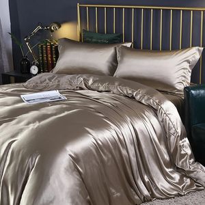 Conjunto de cama de seda amoreira com capa de edredão, lençol plano, fronha, luxo, cetim, cor sólida, king, queen, gêmeos 240112