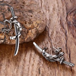 Men Earrings, Japanese Samurai Scimitar Sword Stud Earring, for Mens 14K White Gold Katana Ear Piercing Earing, Punk Jewels