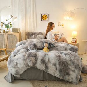 3/4Pcs Warm Bedding Set Color Tie-Dyed Long Hair Plush Flannel Duvet Cover Fleece Home Linen Textile Winter Bedclothes European 240111