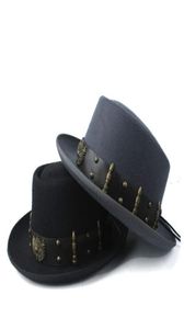 Pork Pie Hut für Männer und Frauen mit Punk-Gürtel, modischer Woll-Fedora-Trilby-Fascinator, Größe 58 cm, breite Krempe, Hüte 6448448