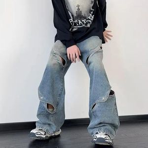 Men's Jeans Y2K Fashion Hollow Out Baggy Pants For Men Clothing Straight Women Wide Leg Old Denim Trousers Pantalon Homme