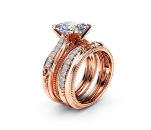 Anello nuziale di lusso in zircone di cristallo femminile Set 18KT Anello in oro rosa riempito con gioielli di moda Promessa Anelli di fidanzamento per le donne Band6036129