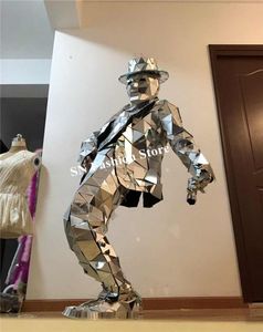 Q20 Robot Men Suit DJ Stage Dance Costume Silver Mirror Robot Suit Disco Cosplay Mirror Glass Jacket Bar Mirror Outfit Show Club P5290597