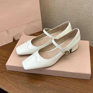 Dress Shoes Leather Square Toe Med Heel Spring Sweet Dating Buckle Strap Mary Janes Women Pumps