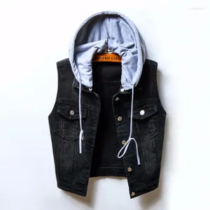 Women's Vests Harajuku Vintage Washed Black Cowboy Vest Women Removable Hooded Frayed Sleeveless Slim Short Jeans Waistcoat S-5xl Veste