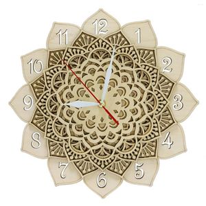 Relógios de parede Mandala Relógio de madeira para Yoga Studio Floral Art Natural Rústico Home Decor Timepieces Layered Lotus Silent Quartz