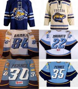 Toledo Walleye 22 Naurato 30 Pearce 35 Pearce 86 Evan Rankin 100 Ricamo Personalizzato qualsiasi nome o numero Mens Womens Youth Hockey Je2187682