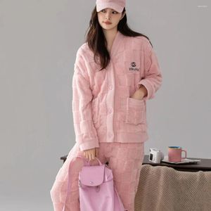 Damen-Nachtwäsche 2024 Pyjamas Set Frauen Frühling und Herbst Winter Coral Fleece verdickte Lounge süße Student Flanell Homewear