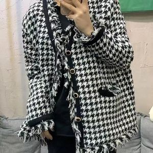 Kvinnors houndstooth cardigans casual lös överrock varma rockar y2k retro kvinnor kläder ytterkläder pläd jacka blazer damer toppar 240111