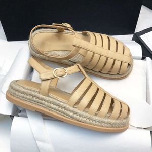 Baotou Roman Sandals Leather Womens Espadrilles Platform Sandal Round Toe Casual Style Summer Outdoor Flip Flops With Box 509