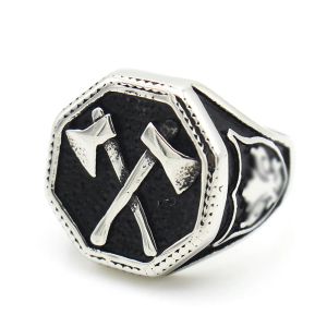 Vintage Viking Warrior Cross Double Ax Ring for Men Stamp Fashion Nordic 14K White Gold Biker Viking Ring Smyckespresent