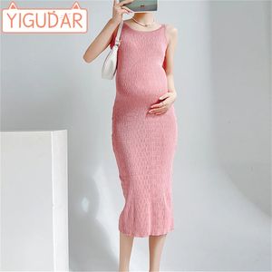 Maternidade Roupas Vestido Verão High End Sexy Slim Fit Malha Regata Mulheres Grávidas Inferior Envoltório Hip 240111