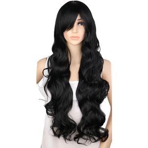 WIGS QQXCAIW LONG Curly Cosplay Wig Party Женщины Natrual Black 70 см высокой температуры синтетические парики волос