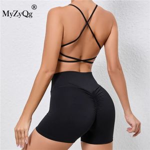 Myzyqg Women Cross Strap Back Bra Peach Butt Shorts Suit Two-Piece Yoga Set Ring Quick Dry Tight Sports Fitness Wear 240112