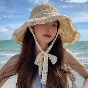 Ampla borda chapéus mulheres rendas proteção solar boné para meninas senhoras verão praia beira-mar dobrável oco respirável protetor solar chapéu de palha