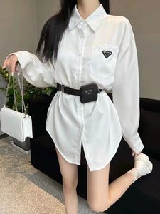 Designer blusas femininas letras primavera e verão moda manga longa clássico solto camisas saco destacável cinto versátil casual tops roupas
